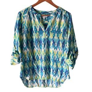 Kim Rogers Tunic Top Blouse Women's Medium Multicolor 3/4 Roll Tab Sleeves Aztec
